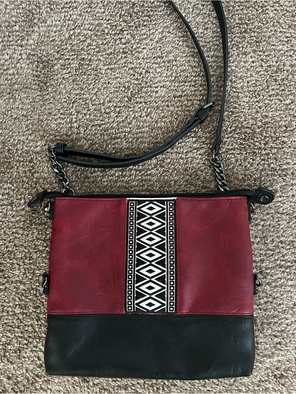 Women's Red and Black Crossbody Bag with Geometric Trim